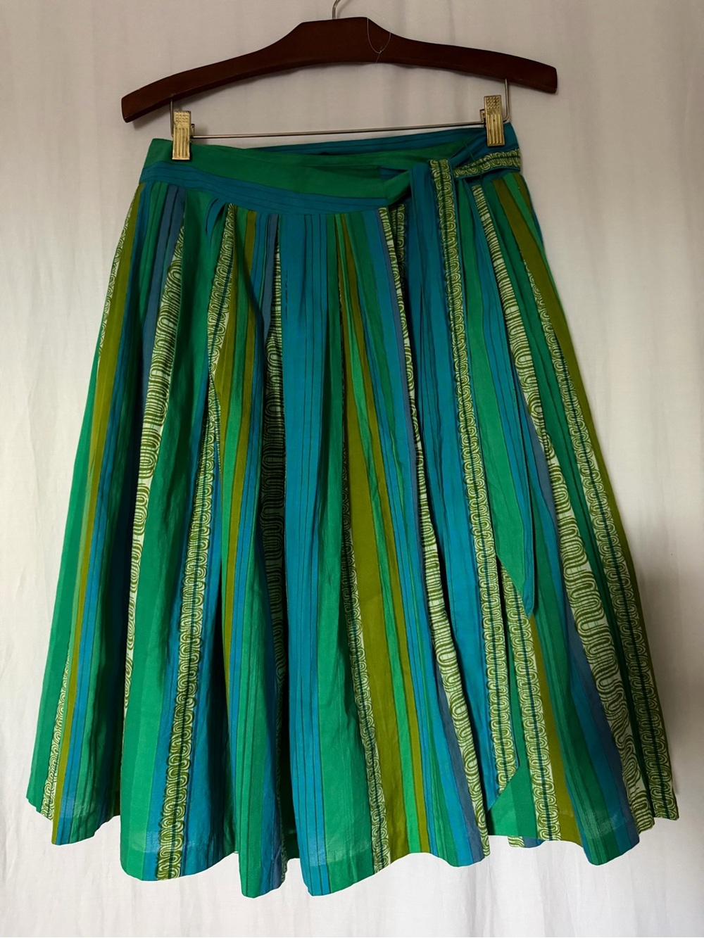 Anthropologie Odille 100% Cotton Vertical Striped Blue-Green Wrap Skirt Lined -4